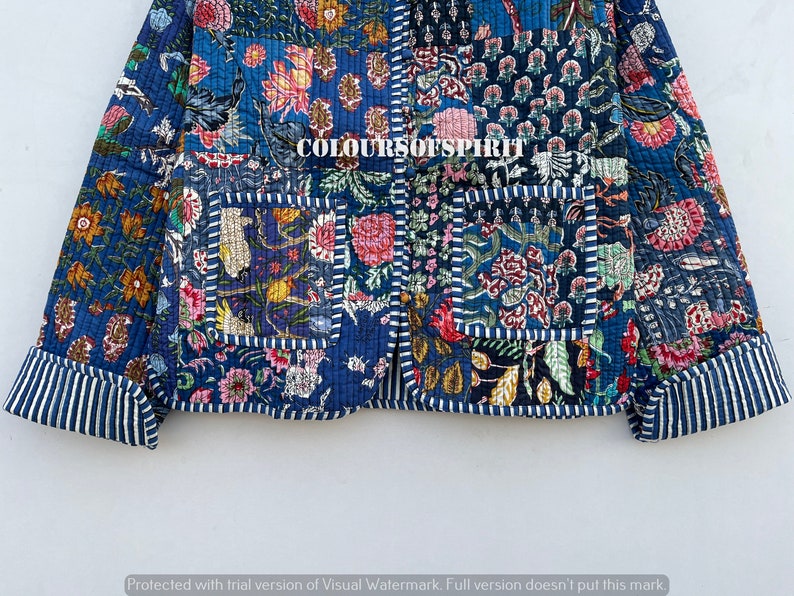 Patchwork-Jacke für Damen Bunt bedruckte Oberbekleidung Patchwork-Mode Retro gesteppter Blumendruck Kostenloser Versand Blaue Baumwolljacken Bild 7