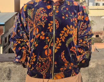 Floral Velvet Bomber Jacket, Quilted Cotton, Boho Artisan Coat
