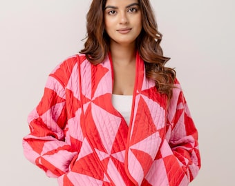Red and Pink Quilted Cotton Jacket, Women's Layering Jacket