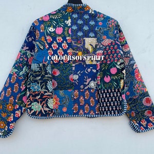 Patchwork-Jacke für Damen Bunt bedruckte Oberbekleidung Patchwork-Mode Retro gesteppter Blumendruck Kostenloser Versand Blaue Baumwolljacken Bild 8