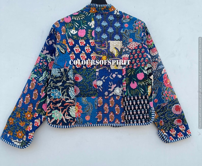 Women's Patchwork Jacket Colorful Printed Outerwear Patchwork Fashion Retro Quilted Floral Print Free Shipping Blue Cotton Jackets zdjęcie 8