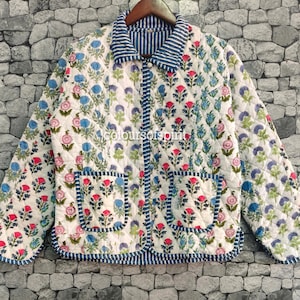 Floral Quilted Cotton Jacket, Patchwork Layering Coat, Striped Trim