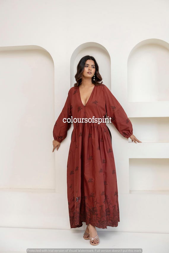 boho rust maxi dress Hand Embroidered Cotton | Brown Dress | Long Sleeve Tiered Dress SID-PR2777D Maxi Dress Blue And Color:KELLY-BLUE-MULTI neckline Adjustable empire waist
