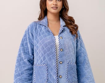 Blue Quilted Cotton Velvet Jacket, Women's Short Layering Jacket