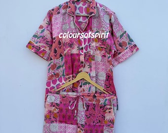 Cotton Pajama Set, Block Print Sleepwear, Womens Nightwear