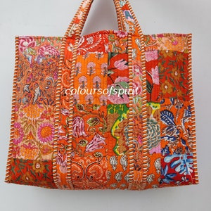 Gesteppte Patchwork-Einkaufstasche, Baumwoll-Handprint-Blumen, umweltfreundliche nachhaltige Tasche, Yoga-Einkaufsstrandkünstler Boho-Wochenendtasche