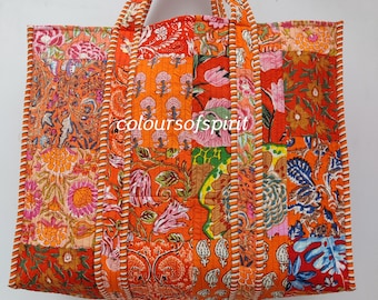 Quilted Patchwork Tote Bag, Floral Handprint Cotton Shoulder Bag