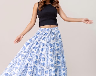 Blue White Floral Maxi Skirt, Tiered Cotton Boho Skirt
