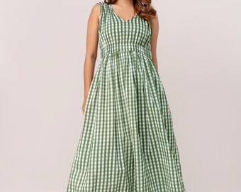 Green Gingham Maxi Dress, Cotton Sleeveless Checkered Summer Dress