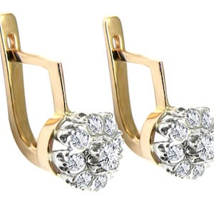 14k Solid Yellow & White Gold Genuine 1.20 ct Diamond Earrings Russian Style Earrings Malinka.