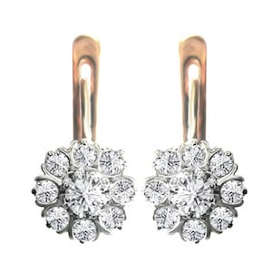 14K ソリッド ローズ & ホワイト ゴールド 純正 1.15 カラット ダイヤモンド イヤリング ロシア ジュエリー イヤリング マリンカ。