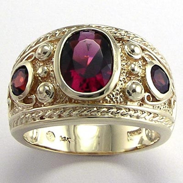 14k Yellow Gold Three-Stone Genuine Men's Garnet Ring