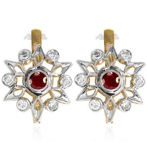Russischer Schmuck 14k Massive Rose und Weißgold G-VS1 Diamant und Rubin Stern Ohrringe
