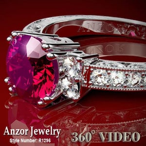 18k Solid White Gold Genuine Ruby and Diamond Ring Red Natural Ruby,