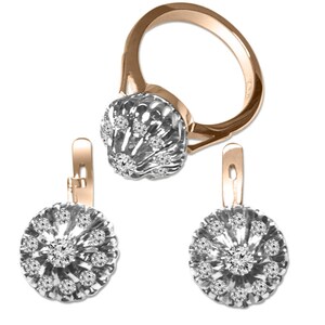 14k Solid Rose and White Gold Diamond Ring & Earrings Russian Style Jewelry Set S230