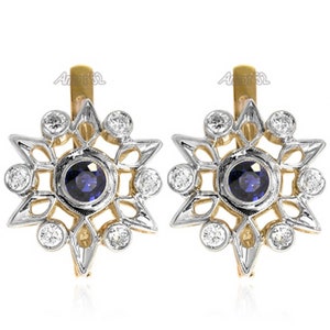 Russischer Schmuck 14k Massive Rose und Weißgold G-VS1 Diamant und Saphir Stern Ohrringe