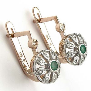14k Gold Diamond Emerald Russian Leverback Earrings   E567