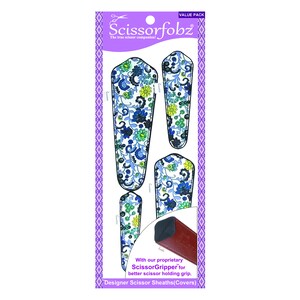 May include: A package of designer scissor sheaths with a floral pattern in blue, green, and yellow on a white background. The package includes the text "Scissorfobz" and "Value Pack". The sheaths are designed to improve scissor grip.