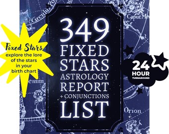 Op de afbeelding: Een blauwe en witte sterrenkaart met een zwart rechthoek in het midden. De rechthoek heeft witte tekst die "349 Fixed Stars Astrology Report + Conjunctions List" luidt. Een gele ster met de tekst "Fixed Stars explore the lore of the stars in your birth chart" bevindt zich in de linkerbovenhoek. Een zwarte wolk met de tekst "24 Hour Turnaround" bevindt zich in de rechterbovenhoek.