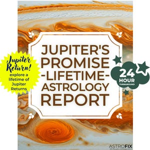 Jupiters Promise Lifetime Astrology Report, Explore a lifetime of personal Jupiter Return aspects with this custom astrology reading. This personalized digital astrology report has 100 years of Jupiter Returns in your natal chart. Ready in 24 hours.