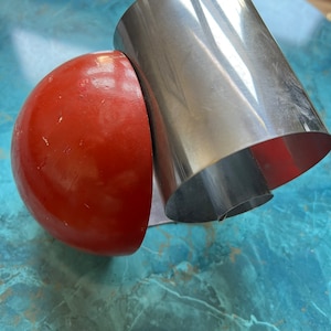 Vintage Art Deco Chrome and wood, in red, Letter holder / bookend.  Revere Co designed by Fred D Farr 1935