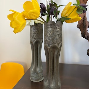 French Repoussé Brass Artillery Shell Vases, 1920’s *PAIR* Trench Art “Verdun” WWI, Dove & Branch