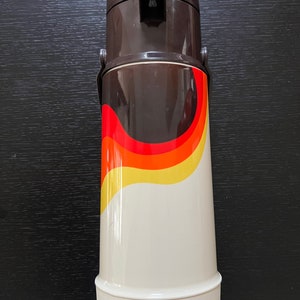 Vintage 70’s THERMOS, pump (red, orange, yellow, brown, tan swoop)