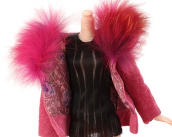 Fox Fur Coat for 11" Fashion Doll, Handmade in Wales, Pink Suede Leather Jacket Cotton Winter Unique Collector Gift Barbie Blythe Sindy