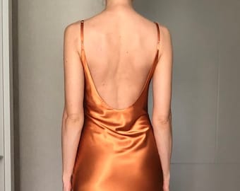 Burnt Orange Silk Satin Midi Length Slip Dress,Open Back Adjustable Spaghetti Straps,Bias Cut Camisole Silky Dress