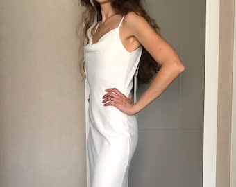 White Cowl Neck Crepe chiffon Maxi length Slip Dress,Adjustable Spaghetti Straps,Backless Date Night Open cute back bridesmaids wedding