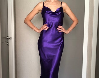 Purple Cowl Neck Silk Satin Midi Length Slip Dress,Bias Cut Adjustable Spaghetti Straps,Date,Bridesmaid Violet Grape Amethyst Lavender Plum