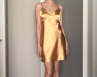 Gold Silk Satin Mini Dress,Adjustable Spaghetti Straps,Silky Deep V Neck Bias Cut Dress