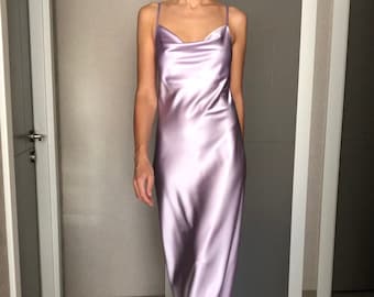 Lavender Cowl Neck Silk Satin Maxi Length Slip Dress,Adjustable Spaghetti Straps,Lilac Date Night,Open Back Liliac Silky Bridesmaid Gown