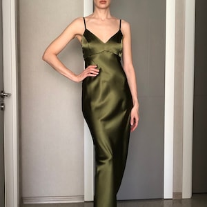 Olive green silk slip dress top