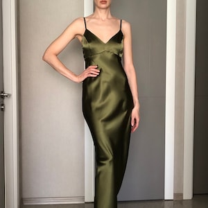 Maxi Silk Satin Dress,Olive Green Extra Full Length Slip Dress,Khaki Adjustable Spaghetti Straps,Silky Deep V Neck Bias Cut Dress