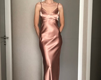 Maxi Silk Satin Dress,Rose Gold Extra Full Length Slip Dress,Pale Pink Adjustable Spaghetti Straps,Silky Deep V Neck Bias Cut Dress