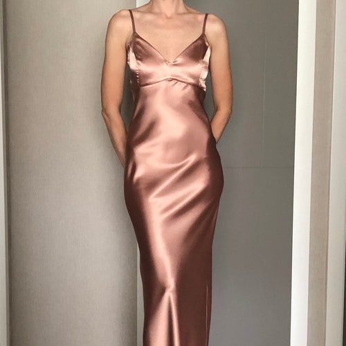 Maxi Silk Satin Dress,Rose Gold Extra Full Length Slip Dress,Pale Pink Adjustable Spaghetti Straps,Silky Deep V Neck Bias Cut Dress
