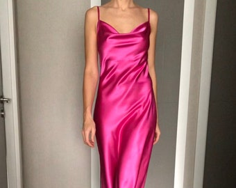 Hot Pink Cowl Neck Silk Satin Maxi Length Slip Dress,Fuchsia Adjustable Spaghetti Straps,Deep Bright Date Night Silky Bridesmaid Bias cut