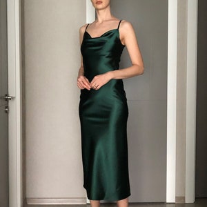 Forest Green Cowl Neck Silk Satin Midi Length Slip Dress,Adjustable Spaghetti Straps,Bias Cut,Date Open Back Bridesmaids Engagement Dress