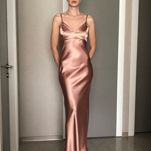 Maxi Silk Satin Dress,Rose Gold Extra Full Length Slip Dress,Pale Pink Adjustable Spaghetti Straps,Silky Deep V Neck Bias Cut Dress