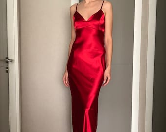 Red Silk Satin Dress,Extra Full Length Slip Dress,Adjustable Spaghetti Straps,Silky Deep V Neck Bias Cut Dress