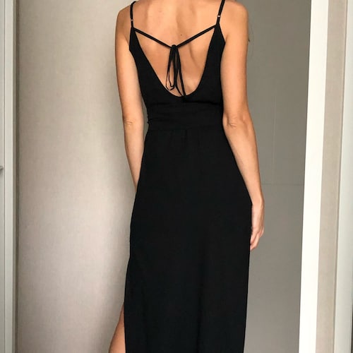Black Cowl Neck Crepe chiffon Midi length Slip Dress,Adjustable Spaghetti Straps,Backless Date Night Open cute back bridesmaids wedding