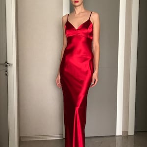 Red Silk Satin Dress,Extra Full Length Slip Dress,Adjustable Spaghetti Straps,Silky Deep V Neck Bias Cut Dress