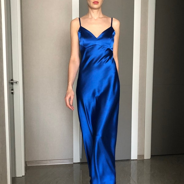 Royal Blue Maxi Silk Satin Dress, Blue Extra Full Length Slip Dress,Adjustable Spaghetti Straps, Silky Deep V Neck Bias Cut Dress