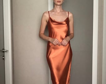 Burnt Orange Cowl Neck Silk Satin Midi Length Slip Dress,Bias Cut Adjustable Spaghetti Straps,Date,Bridesmaid Pumpkin Spice,Rust,Terracotta