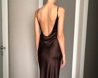 Brown Maxi Silk Satin Slip Dress,Dark Chocolate Open Back Adjustable Spaghetti Straps,Full Long Bitter Brownie Bias Cut Camisole Silky Dress