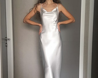 White Cowl Neck Silk Satin Midi Length Slip Dress,Adjustable Spaghetti Straps,Bias Cut,Date Open Back Wedding Dress Bridesmaids Engagement