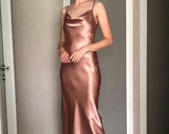 Rose Gold Cowl Neck Silk Satin Maxi Length Slip Dress,Adjustable Spaghetti Straps,Pale Pink Date Night,Open Back Blush Pink Silky Bridesmaid