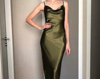 Khaki Cowl Neck Silk Satin Maxi Length Slip Dress,Adjustable Spaghetti Straps,Dark Olive Date Night,Military Green Silky Bridesmaid Bias cut
