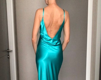 Turquoise Maxi Silk Satin Dress,full Length Slip Dress With Slit,adjustable Spaghetti Straps,elvira Hancock Silky Deep V Neck Bias Cut Dress - Etsy Turquoise Maxi Silk Satin Dress,full Length Slip Dress With Slit,adjustable Spaghetti Straps,elvira Hancock Silky Deep V Neck Bias Cut Dress - Etsy